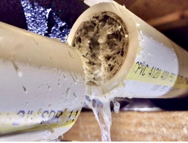 Hard water scale buildup completely clogging pipe interior