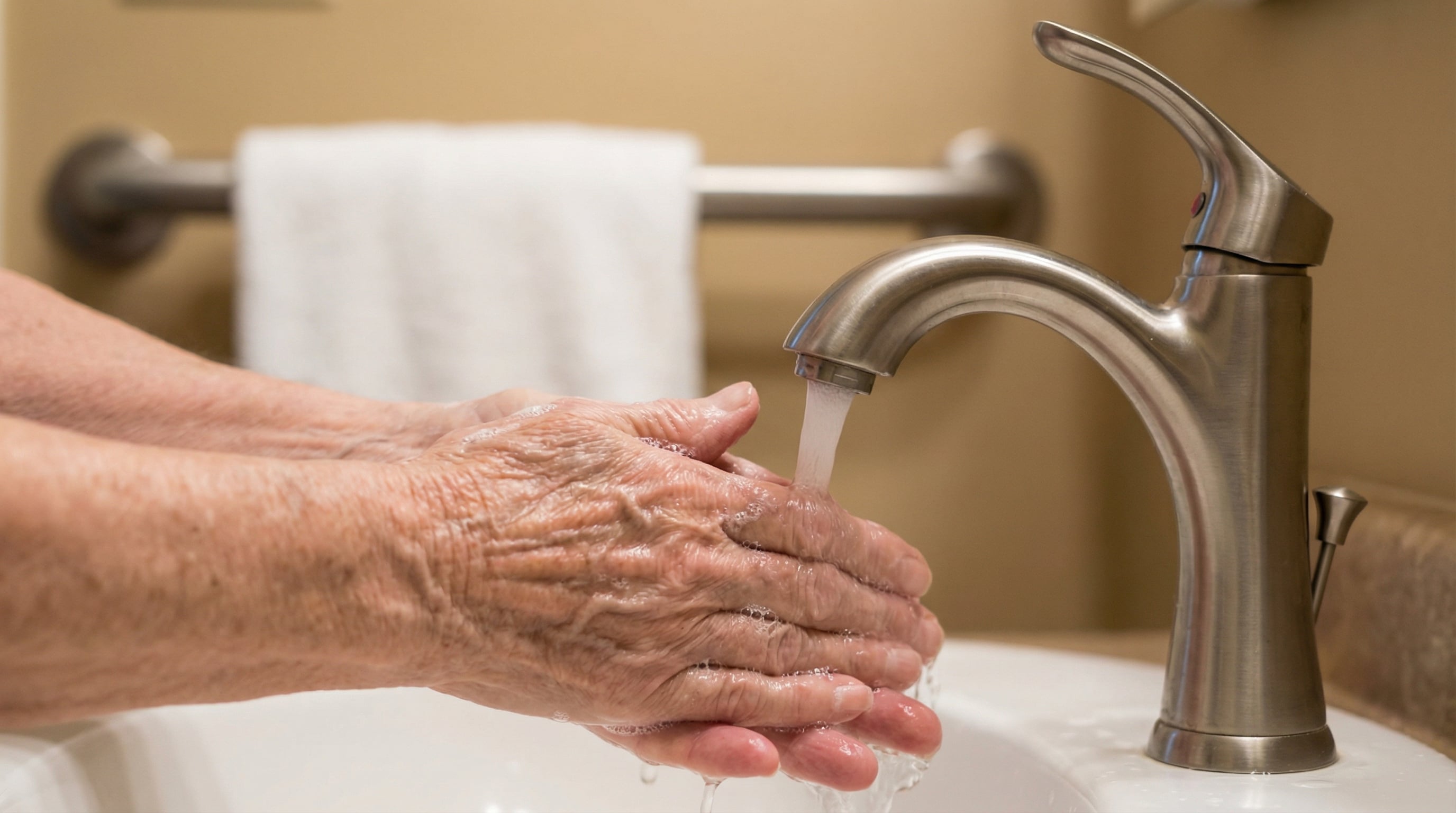 Senior washing hands safely